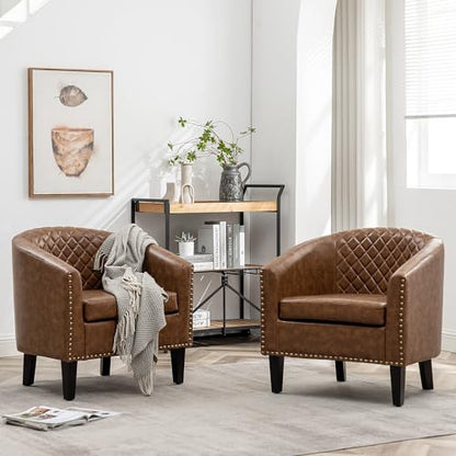 29" W Faux Leather Barrel Chairs Set of 2, Modern PU Upholstered Tufted Club Chairs with Nailhead Trim, Small Armchairs Accent Chairs for Living Room Bedroom Apartment Lounge Nursery, Coffee