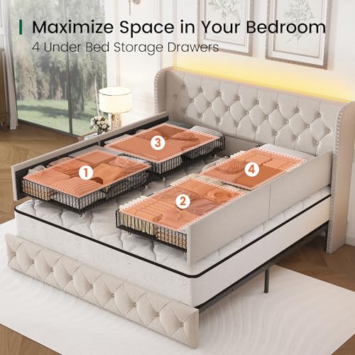 King Size Bed Frame with LED Lights and 4 Storage Drawers Linen Upholstered, view 4