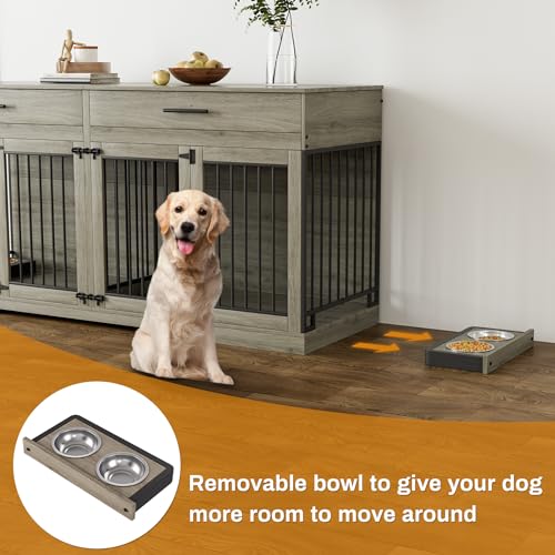 72" Double Dog Crate Furniture for Medium Large Dogs, Grey, view 5