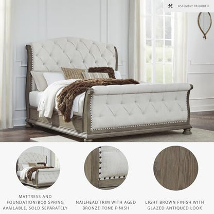 Upholstered Sleigh Bed Frame in Light Brown, view 5