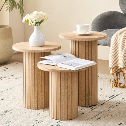 3-Piece Nesting Coffee Table Set, Modern Small round Wood Side Tables, Fluted Drum Base, for Living Room Bedroom Apartment Small Space, Natual