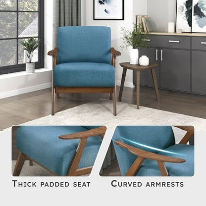 Mid Century Modern Accent Chair with Solid Wood Frame in Walnut Finish, Upholstered Living Room Lounge Arm Chair, Thick and Comfy Innerspring Seat Cushion, Linen-Look Fabric, Blue