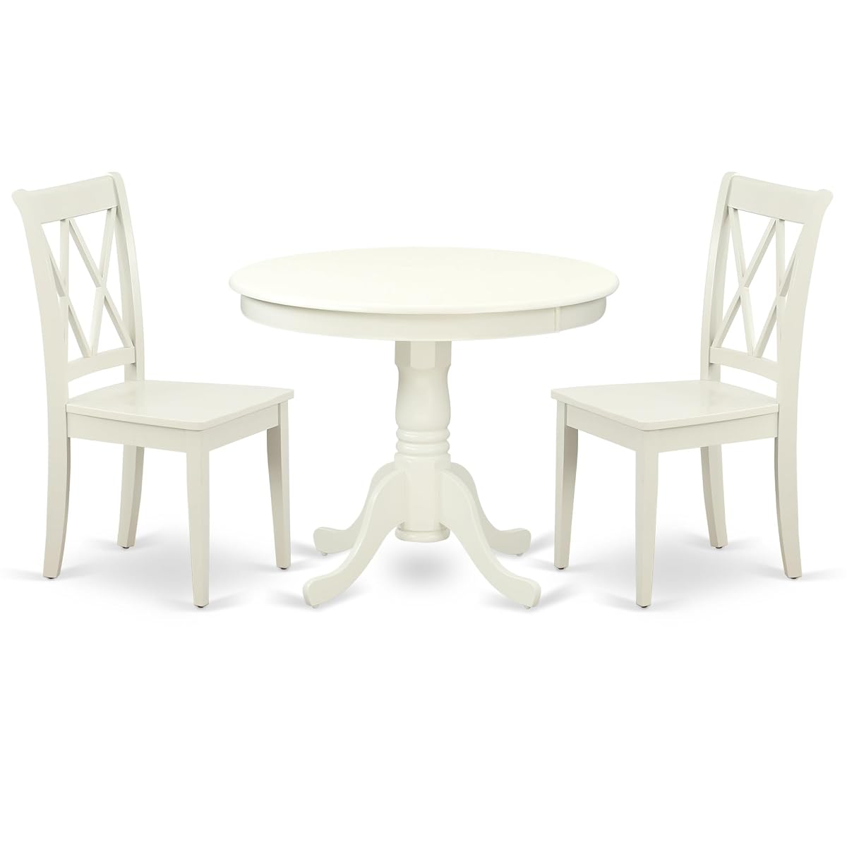 Cozy Linen White Kitchen Set - Round 36" Table & 2 Double X Back Chairs - Sturdy Hardwood - Comfortable Seating - Ideal for Limited Spaces - Attractive & Affordable - Hardware & Instructions Included