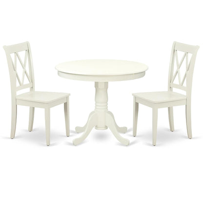 Cozy Linen White Kitchen Set - Round 36" Table & 2 Double X Back Chairs - Sturdy Hardwood - Comfortable Seating - Ideal for Limited Spaces - Attractive & Affordable - Hardware & Instructions Included