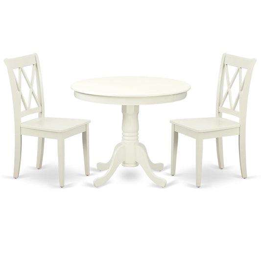 Cozy Linen White Kitchen Set - Round 36" Table & 2 Double X Back Chairs - Sturdy Hardwood - Comfortable Seating - Ideal for Limited Spaces - Attractive & Affordable - Hardware & Instructions Included