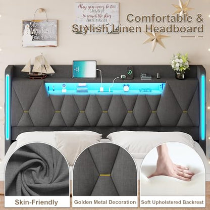 Floating Bed Frame King with Storage Headboard, King Size Bed Frame, Gray, view 6