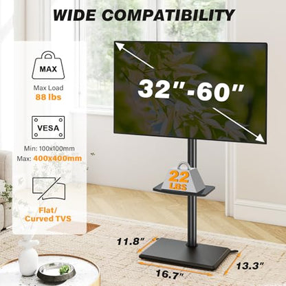 Floor TV Stand with Mount for 32-60 inch TVs, Swivel and Height Adjustable Floor Standing TV Stands with Wood Base, Tall TV Stand with Shelf up to 88 lbs for Living Room, Bedroom and Corner