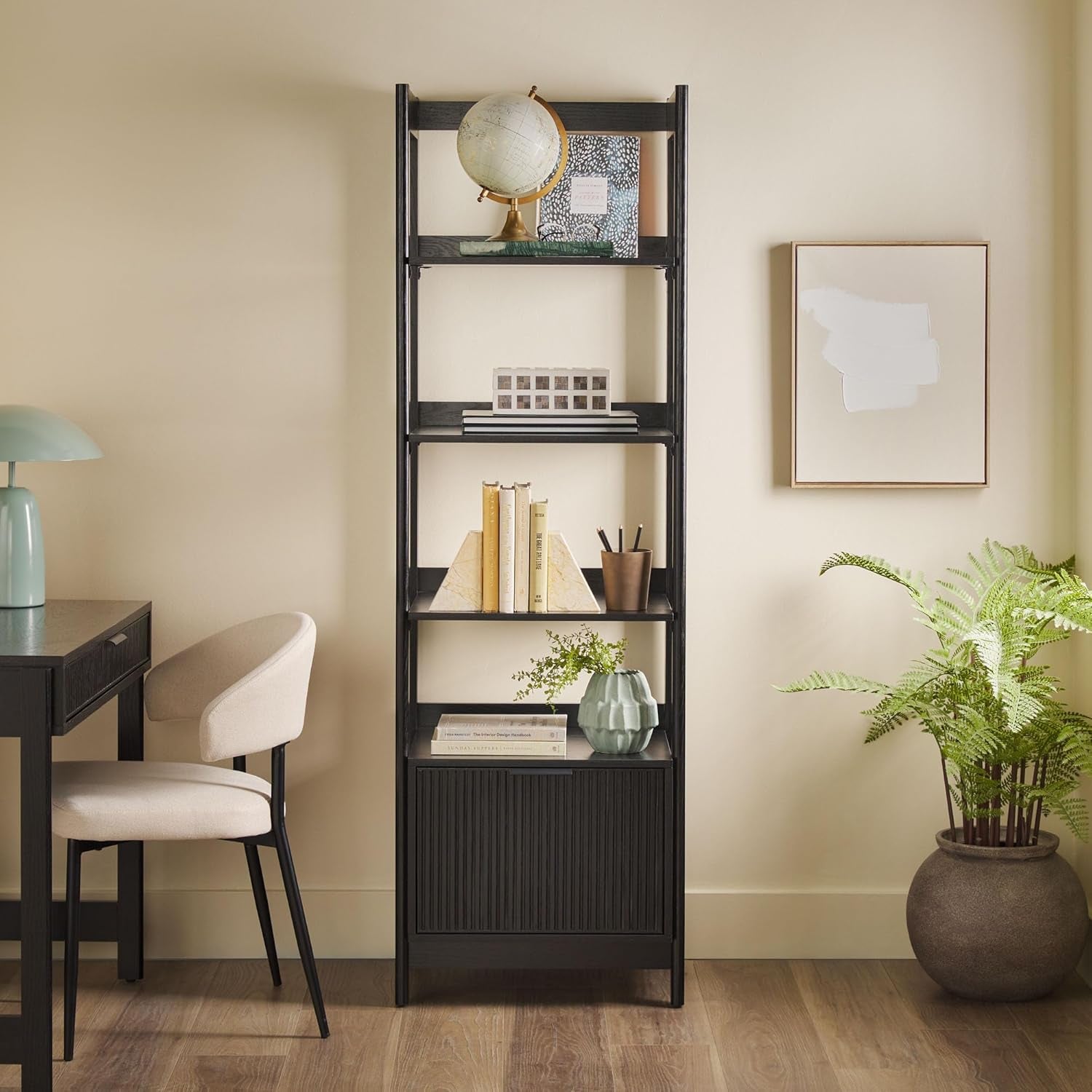 Transitional Reeded Narrow Open Bookshelf with Drawer Home Office Living Room, Bedroom, 4-Shelf Bookcase with Bottom Storage, 22 Inch, Black
