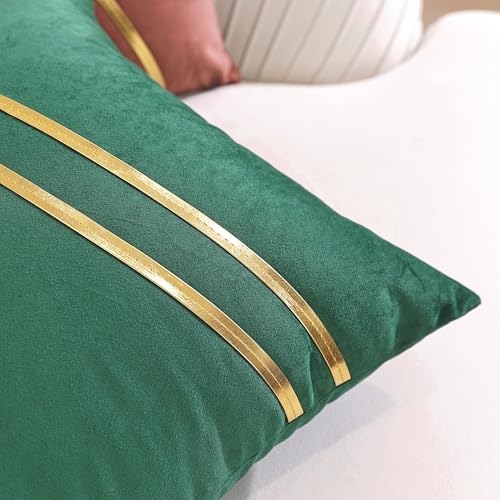 Gyulin Pack of 2,18x18 Inch Velvet Boho Throw Pillow Covers with Gold Leather Striped Stitching Modern Minimalist Square Pillowcase Cushion Covers for Bedroom Sofa Couch Living Room, White