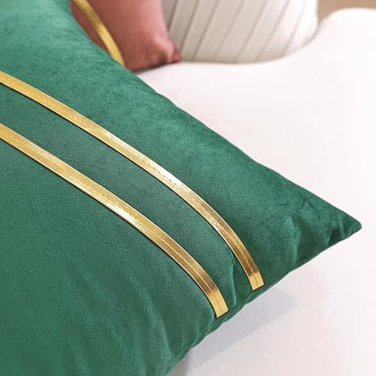 Gyulin Pack of 2,18x18 Inch Velvet Boho Throw Pillow Covers with Gold Leather Striped Stitching Modern Minimalist Square Pillowcase Cushion Covers for Bedroom Sofa Couch Living Room, White