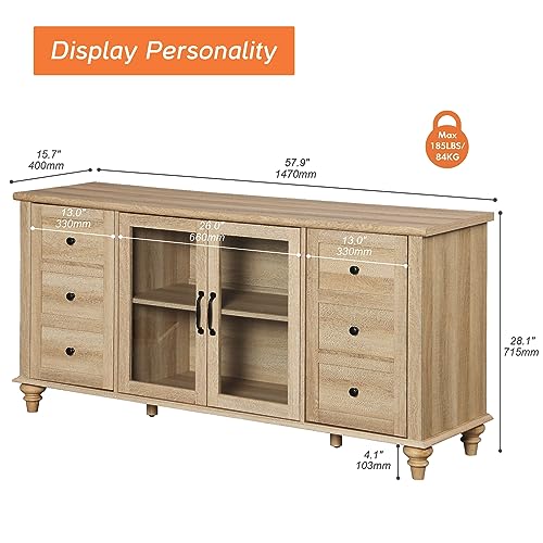 Farmhouse Buffet Cabinet with Glass Door, Wooden Sideboard, Oak, 58”, view 3