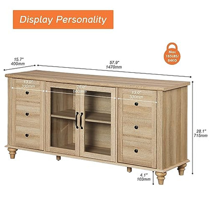 Farmhouse Buffet Cabinet with Glass Door, Wooden Sideboard, Oak, 58”, view 3