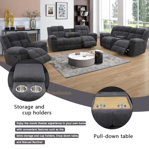 Manual Recliner Sofa Set, Corduroy Recliner Loveseat, Living Room Furniture Set Modern Loveseat Sofa, Reclining Couches for Living Room/Office(3 Piece Set, Dark Grey)
