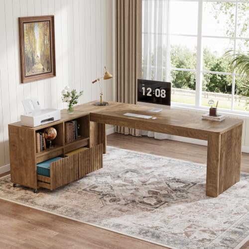 78" L-Shaped Executive Desk with Modular Rolling File Cabinet, view 2