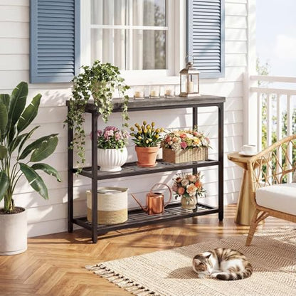 32" Small Console Table with 3-Tier Storage, Industrial Narrow Entryway Table, Sofa Table Behind Couch for Hallway, Foyer & Living Room, Sturdy Metal Frame, Oak Grey