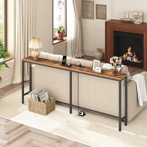 70.9" Console Table with Power Outlet, Narrow Sofa Table, Brown, view 4
