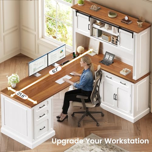 67" Farmhouse Executive L Shaped Desk with Hutch & Storage, view 6