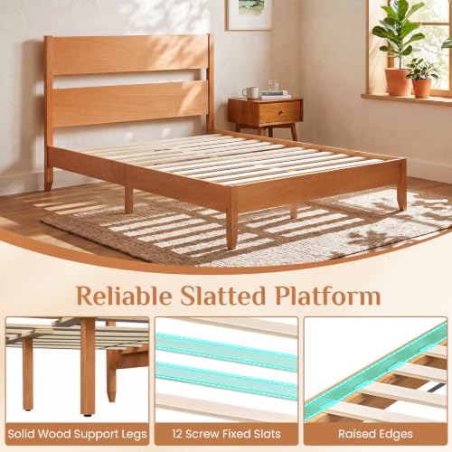 Full Size Wooden Bed Frame with Slatted Headboard (Warm Brown), view 6