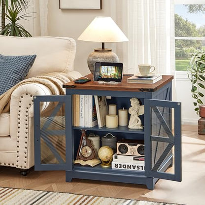 Farmhouse End Table with Charging Station, 24" Large Sofa Side Table with Glass Barn Door, Blue Nightstand with Adjustable Storage Shelf,Wood Square Bedside Table for Living Room,Bedroom