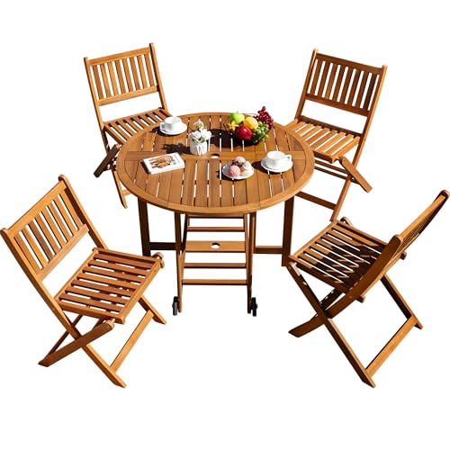 5 Piece Patio Dining Set Outdoor Acacia Wood Furniture All-Weather Folding Round Table and Chairs for Backyard, Balcony, Porch, Deck, Garden, Light Brown