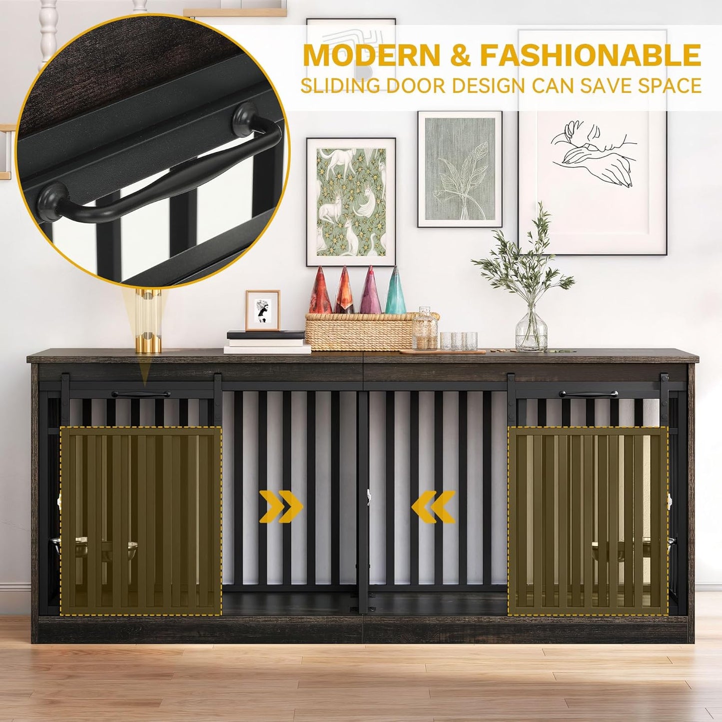 55" Extra Large Dog Crate Furniture, Heavy Duty Metal Dog Kennel TV Stand with Sliding Door, Wooden Dog Cage Table with Dog Bowl for Extra Large Medium Dogs or 2 Small Dogs Black Oak