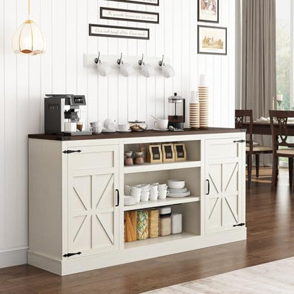 66" Farmhouse TV Stand with Power Outlets for 75 Inch TVs, 33" Tall Entertainment Center with Storage Cabinets w/Adjustable Shelves, Rustic Large TV Media Console, Rustic White