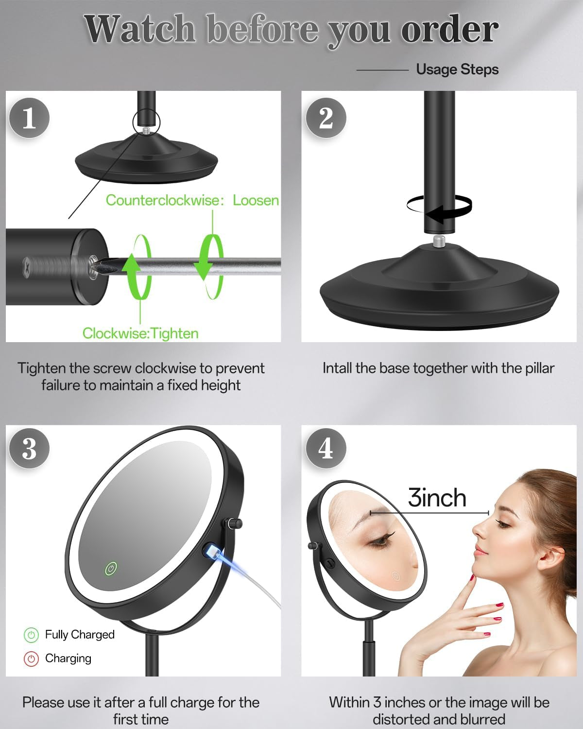 Makeup Mirror with Lights, 1X/30X Lighted Magnifying Mirror Height Adjustable, 3000Mah Rechargeable Double Sided Vanity Mirrors with 3 LED Lighting and Adjustable Brightness for Desk Women Gift