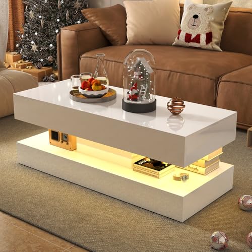 47" High Gloss LED Coffee Table with Storage, 2-Tier Modern Center Table with 2 Sliding Drawers & Open Display Shelf, Wood Rectangle Large Coffee Tables for Living Room, White