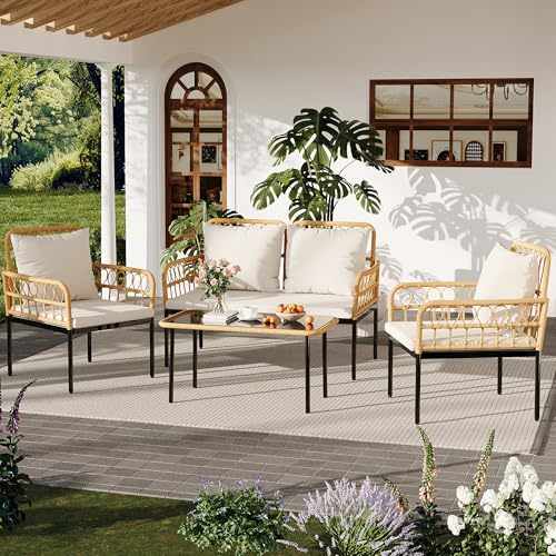 4-Piece Outdoor Patio Furniture Set, All-Weather PE Rattan Wicker Loveseat & Chairs with Glass Coffee Table & Steel Frame, Boho Conversation Set for Patio, Balcony, Backyard, Beige