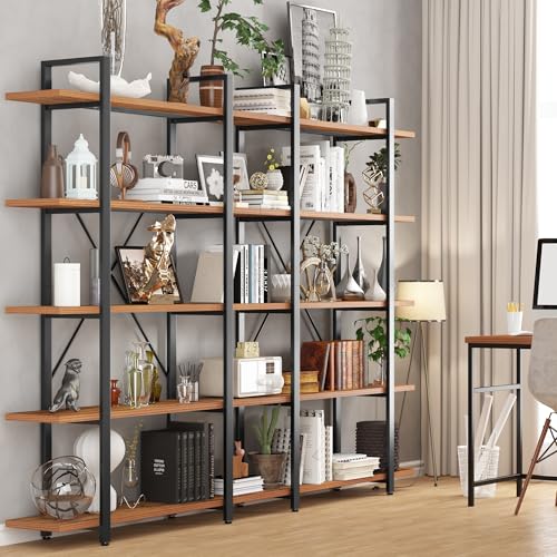 Wood and Metal Minimalist 5 Tier Bookshelf, 6 feet Tall Open Rustic Wide Bookcase Industrial Style, Modern Wooden Big Book Shelf for Home Living Room Bedroom Office Storage, Rustic Brown