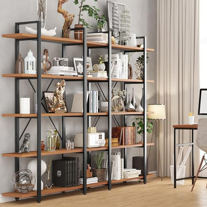 Wood and Metal Minimalist 5 Tier Bookshelf, 6 feet Tall Open Rustic Wide Bookcase Industrial Style, Modern Wooden Big Book Shelf for Home Living Room Bedroom Office Storage, Rustic Brown