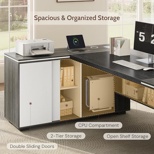71" Executive Desk with Storage Cabinet, Modern L-Shaped Office Desk with Bookshelf, Storage Shelves, CPU Stand & Cable Management, Large Computer Workstation for Home Office (Gray)