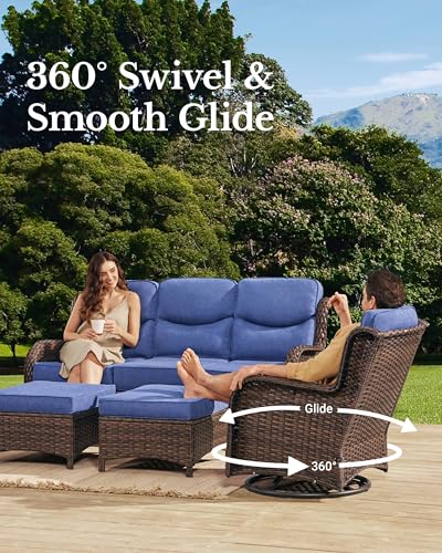 Luxury High Back Patio Furniture Set with 6-Inch Thick Cushion, 5-Piece Outdoor Conversation Set with Sofa, Swivel Rocker Chairs & Ottomans, Ideal for Porch Pool Deck Yard (Blue)