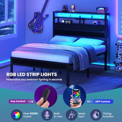 Full Bed Frame with Storage, LED Lights and Charging Station, view 4