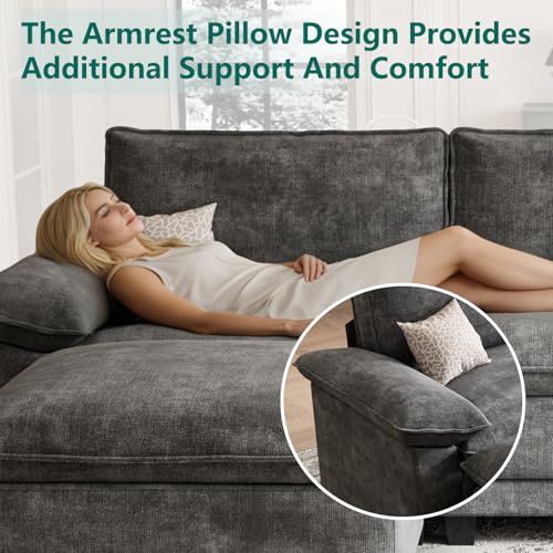 Modern L Shaped Sofa Couches for Living Room, Modular Sectional Cloud Couch with Movable Ottoman, Comfy Chenille Sofa for Apartment and Small Space, Dark Gray