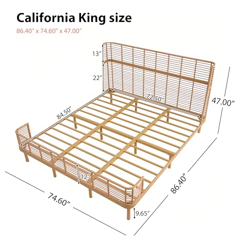 Boho Rattan California King Bed Frame with Headboard, Natural Finish, view 3