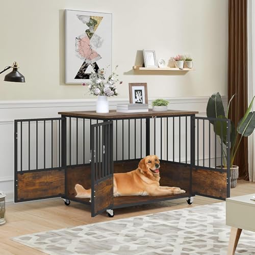 Dog Crate Furniture with Wheels & Double-Doors, Rustic Brown, view 6