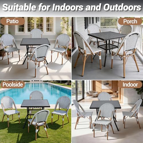 Patio French Chairs Set of 2, Outdoor Hand-Woven PE Wicker Armless Dining Chairs w/Metal Frame, Rattan Bistro Chairs for Front Porch Garden Deck Balcony Poolside, White/Black