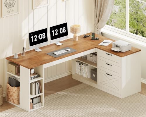 Farmhouse L Shaped Computer Desk with Drawers, Power Outlet for Home Office, view 2
