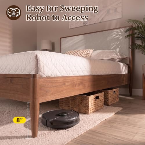 Mid Century Bed Frame with Boucle Upholstered Headboard, Walnut, view 7
