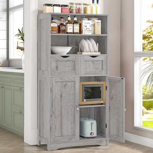 Storage Cabinet with 2 Drawers & Adjustable Shelf, Tall Bathroom Cabinet with Doors, Cupboard, Kitchen Cabinets for Living Room, Dining Room, Entryway, Grey