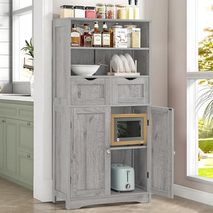 Storage Cabinet with 2 Drawers & Adjustable Shelf, Tall Bathroom Cabinet with Doors, Cupboard, Kitchen Cabinets for Living Room, Dining Room, Entryway, Grey