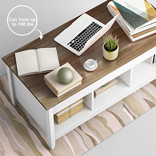 Lift Top Coffee Table, Wood Cocktail Table w/Hidden Compartment & Lower Storage Shelves, Wood Laptop Table, Lift Tabletop Home Furniture for Living Room, Guest Room, Office, White