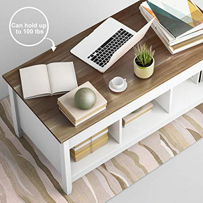 Lift Top Coffee Table, Wood Cocktail Table w/Hidden Compartment & Lower Storage Shelves, Wood Laptop Table, Lift Tabletop Home Furniture for Living Room, Guest Room, Office, White