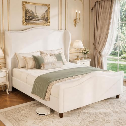 Queen Upholstered Bed Frame with Tall Headboard & Footboard, White, view 2