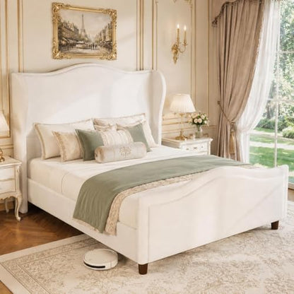 Queen Upholstered Bed Frame with Tall Headboard & Footboard, White, view 2