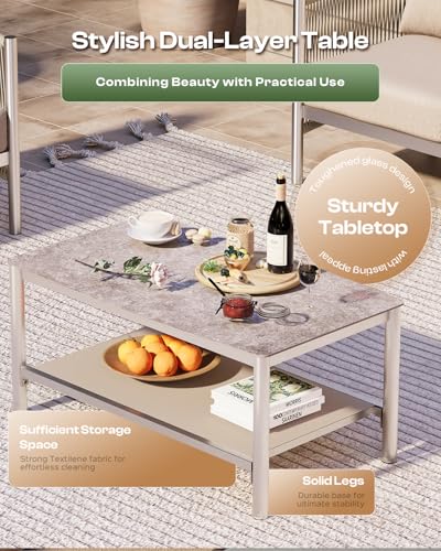 Aluminum Outdoor Patio Furniture Set with Dual-Layer Coffee Table, 4 Piece Modern Patio Conversation Sets with PE Rope, Outdoor Sectional Sofa with Thick Cushions for Balcony, Porch, Beige