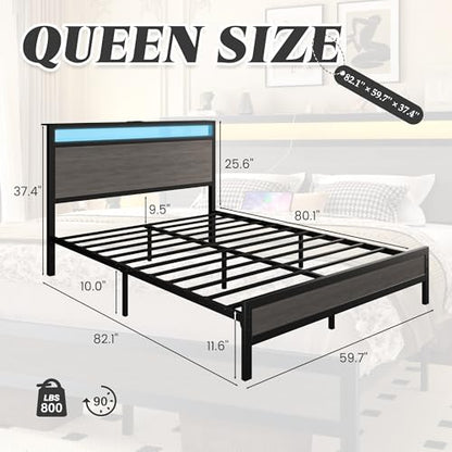 Queen Bed Frame with Headboard, Fast-Charging & LED, Storage Shelf, view 3