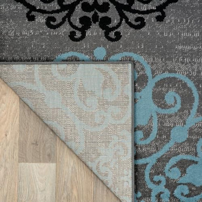 Modern Floral Scroll Area Rug, Fade-Resistant Carpet for Bedroom, Office, or Living Room, Gray, 6'6" x 9'