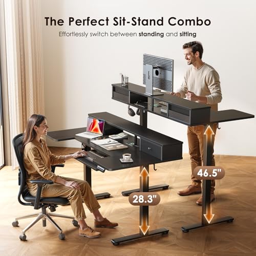 55 Inch U Shape Standing Desk with Keyboard Tray & Drawers, Black, view 6